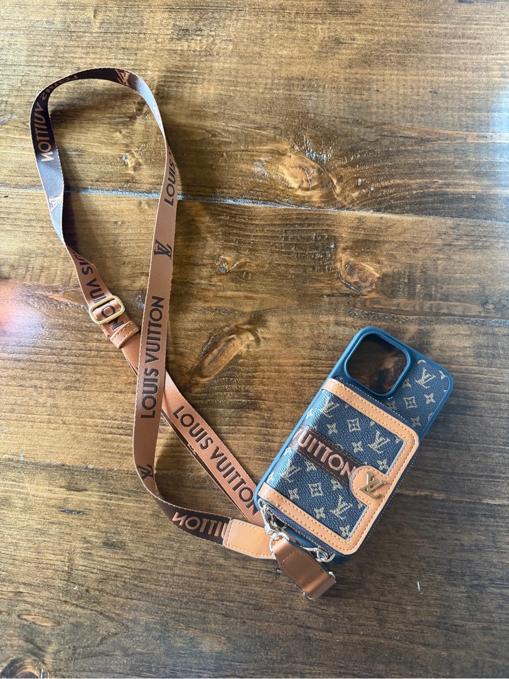 Louis Vuitton Blue Monogram Phone Case with Brown Strap